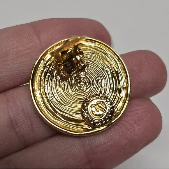 St John Gold Black Enamel Logo Circle Vintage 80s Clip On Earrings - Picture 6 of 8